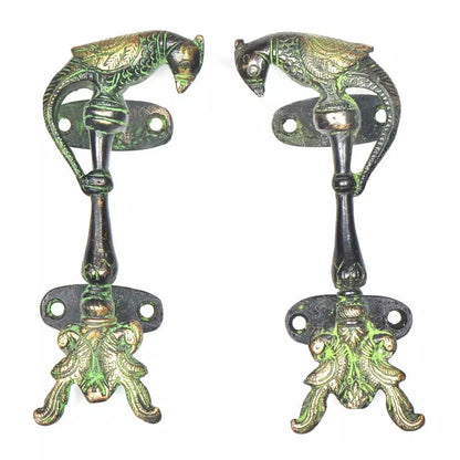 Set of 2 Antique Look Green Patina Brass Peacocks With Parrot On Top Door Handle