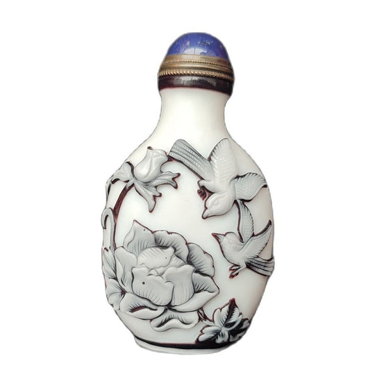 Old Beijing Carved Glass Snuff Bottle Colored Glaze Flower Bird Statue Gifts Art