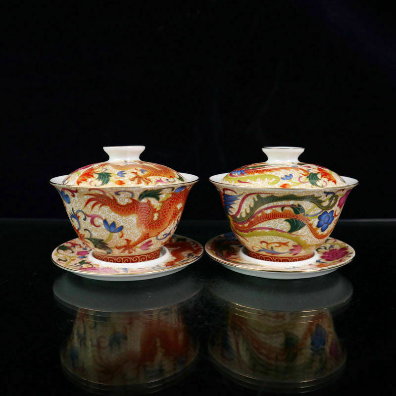 A Pair Chinese Porcelain Gold-painted Pastel Dragon Phoenix Pattern Tea Bowls
