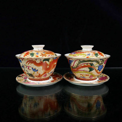 A Pair Chinese Porcelain Gold-painted Pastel Dragon Phoenix Pattern Tea Bowls