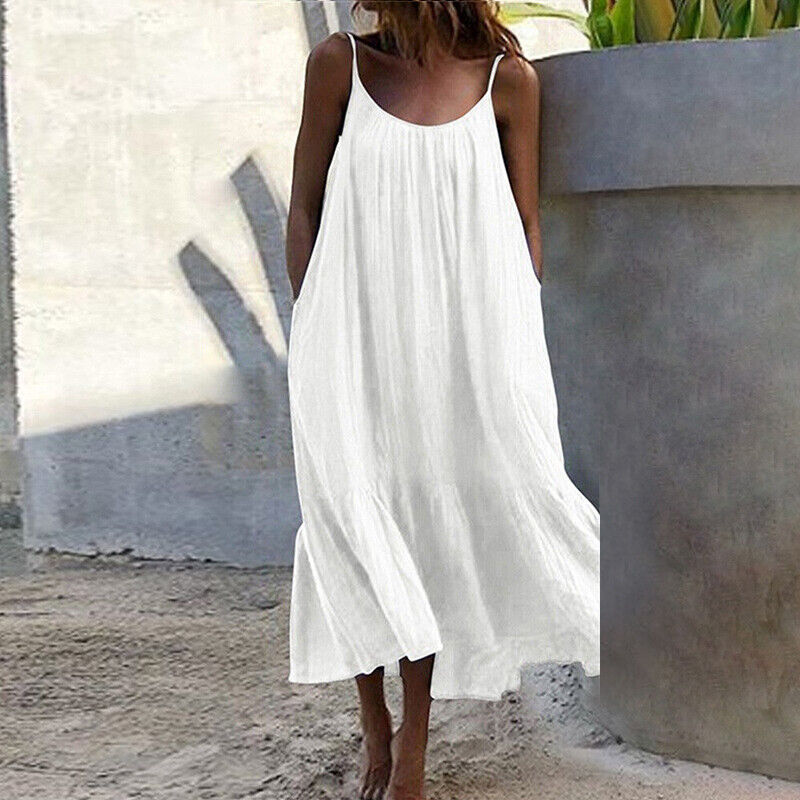 Womens Summer Sleeveless Loose Dress Beach Slip Sundress Swing Baggy Solid Color