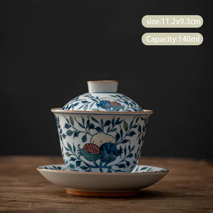 Chinese Blue and White Ceramic Gaiwan Pot Bearing Handmade Tea Bowl Teacup