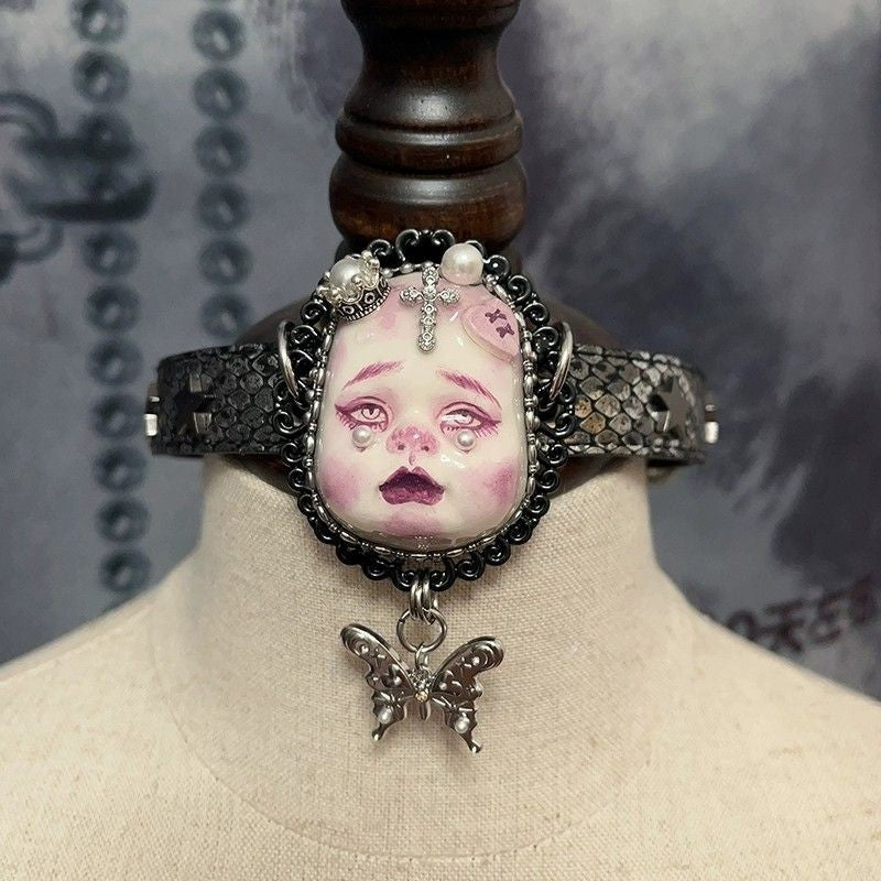 Gothic Crying Doll Head Choker Lace Pearl Butterfly Pendant Necklace