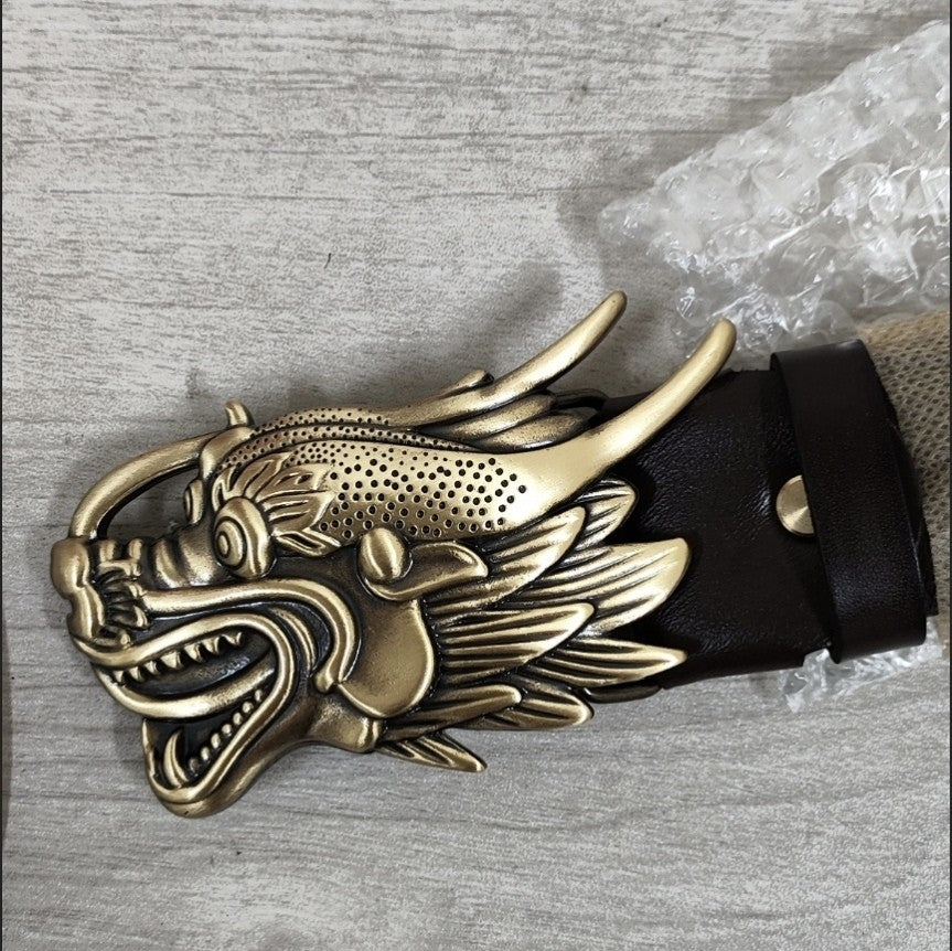 Solid Brass 3D Dragon Head Belt Buckle Men's Smooth Buckle for 3.8cm Belts
