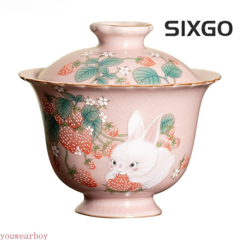 Ru Yao Porcelain Gaiwan Set for Tea Tureen Cup Chinese Pink Ceramic Tea Ceramony