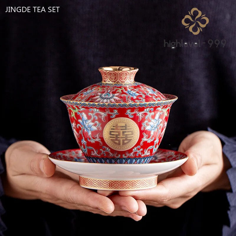 Chinese Wedding Tea Set Enamel Color Ceramic Gaiwan Handmade Tea Bowl
