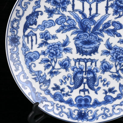 10" Old Chinese Blue and white porcelain Hand Painted Bogu pattern plate