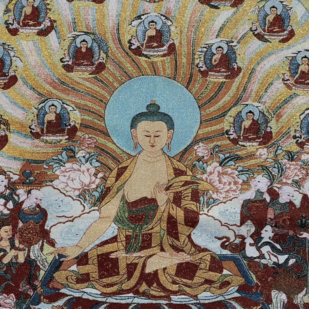35" Tibetan Buddhism Embroidery Parinirvana Sitting Buddha Shakyamuni Thangka