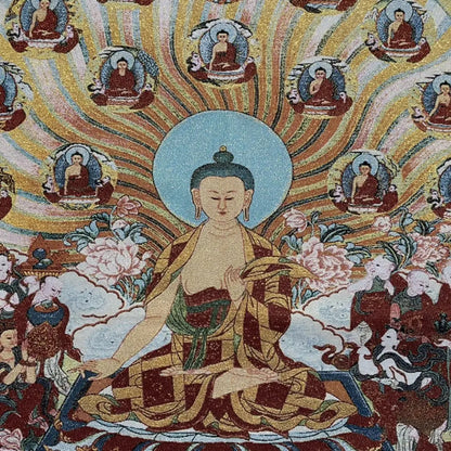 35" Tibetan Buddhism Embroidery Parinirvana Sitting Buddha Shakyamuni Thangka
