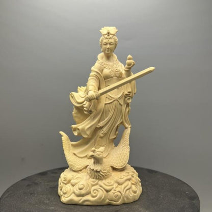 4.8" Boxwood Carved Mysterious Maiden Nine Heaven Statue Taoism Deity Collection