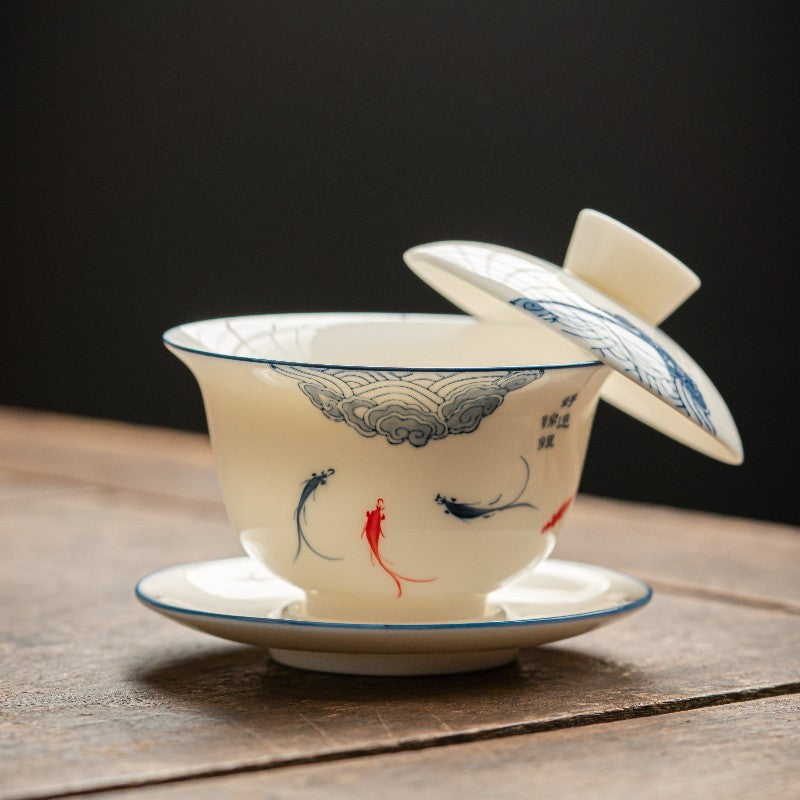 Hand Drawn Mutton-fat Jade Tea Bowl White Porcelain San Cai Gaiwan Tea Set