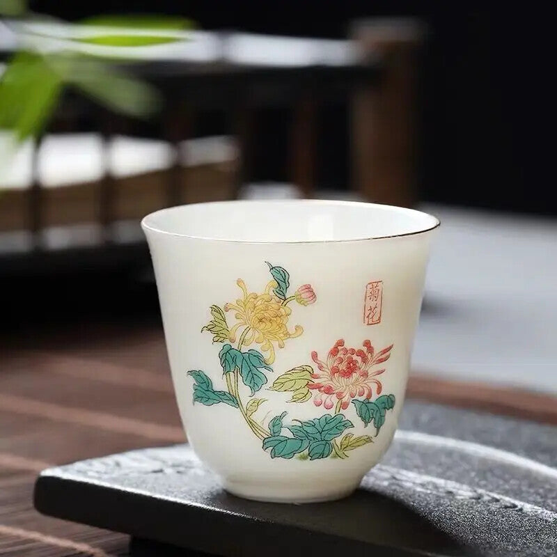 2.08" Chinese Ceramic Teacup Travel Meditation Hand Painted Lotus Leaf Tea Bowl