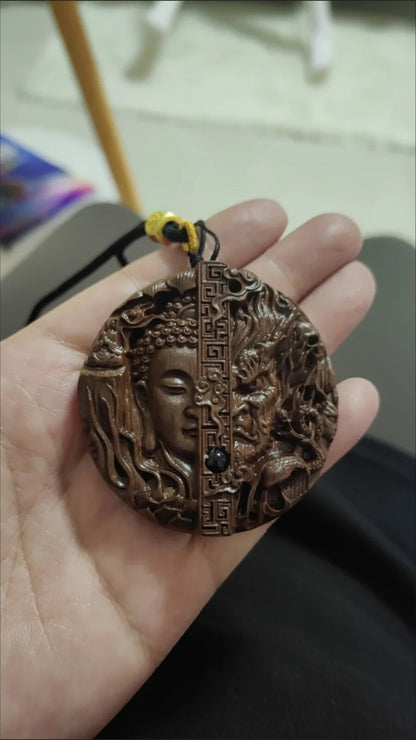 Natural Wood Carving Buddha Demon Pendant Men Woman Lucky Gift Sweater Necklace