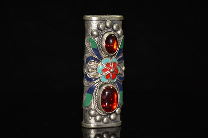 Ornament Vintage White Copper Cloisonne Inlaid Ruby Lighter Case