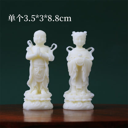 Tagua Nut Golden Boy and Jade Girl Ornament Home Buddha Statue Tea Pet