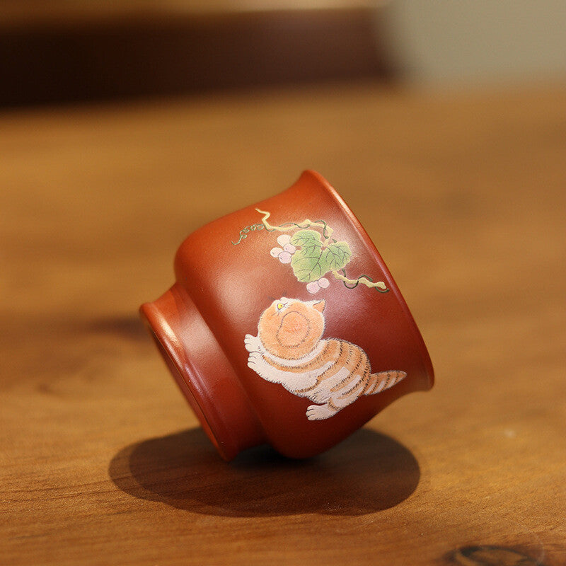 Traditional Craft True Yixing Zisha Dahongpao Clay Marked Tea Cup Cat Handpaint