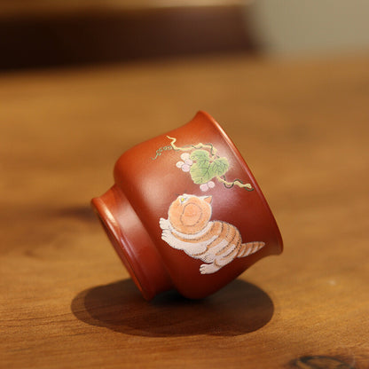 Traditional Craft True Yixing Zisha Dahongpao Clay Marked Tea Cup Cat Handpaint