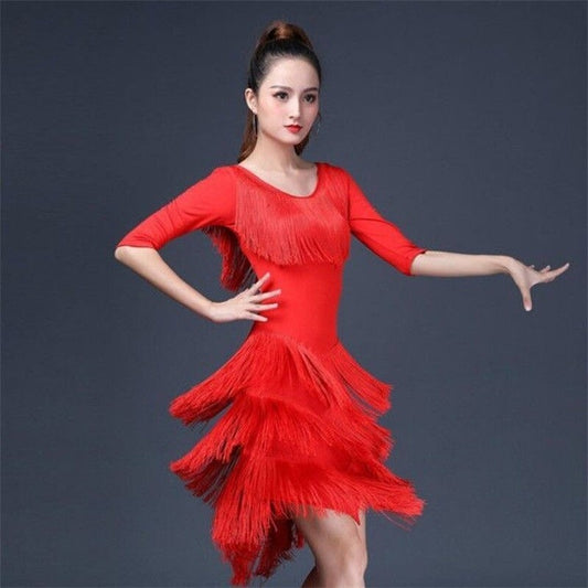 Lady Latin Dance Dress Salsa Dancewear Tassel Fringe Modern Ballroom Tango Party