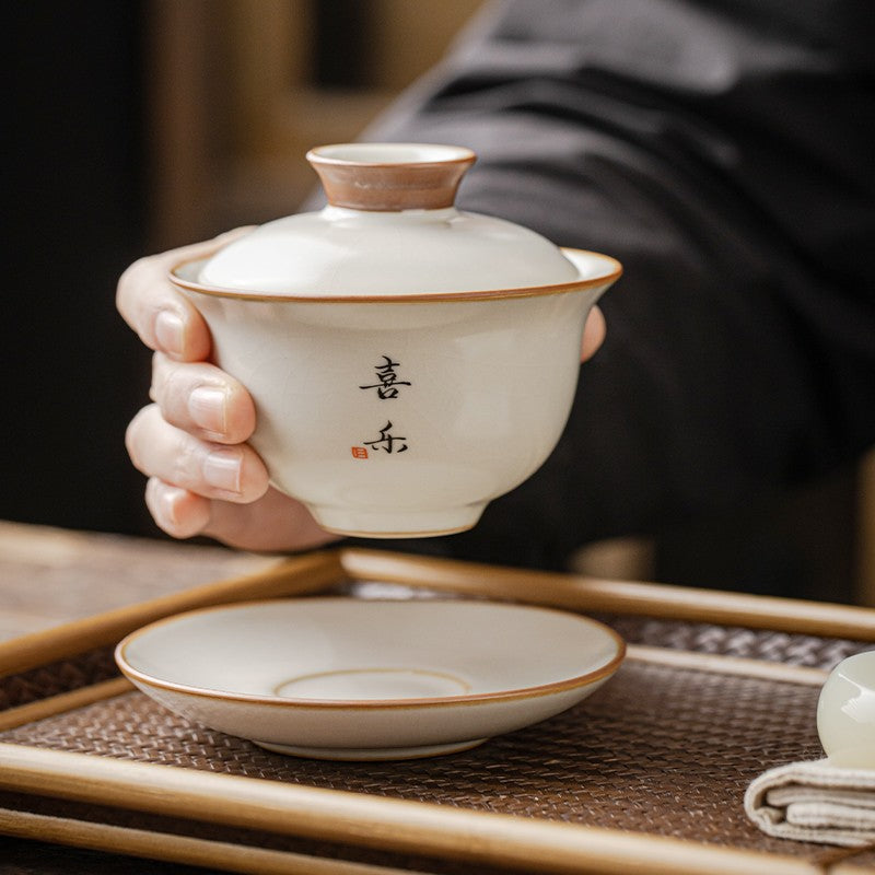 Ru Kiln Three Cai Gaiwan Ceramic Tea Bowl Tea Set Handwriting