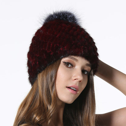Winter Mink Fur Hats Beanies Women Real Silver Fox Fur Ball Caps Knitting Liner