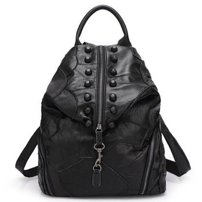 Sheepskin Leather Women's Colorful Blocks Patchwork Backpack Travel Bag Rucksack