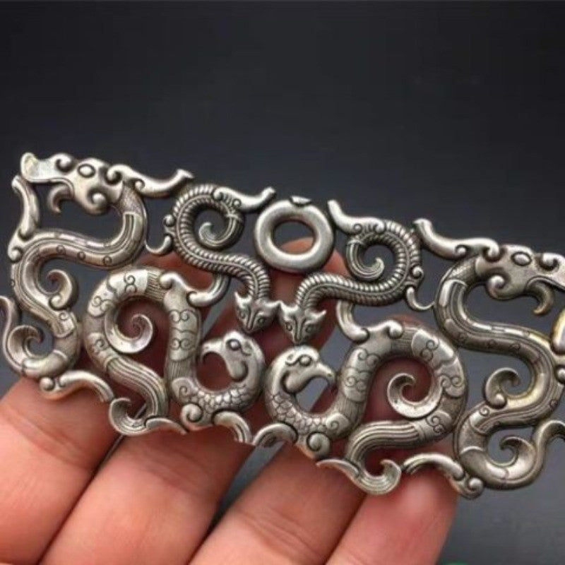 Retro White Copper Silver Plated Hollow Double Dragon Pendant Carved Decor