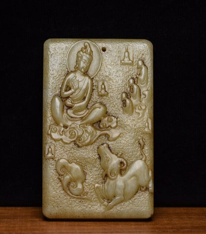 Chinese Old Natural Hetian Jade Carving Guanyin Figurines Exquisite Pendant Art