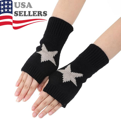 1 Pair Y2K Star Gloves Autumn Winter Fingerless Star Knitted black US New