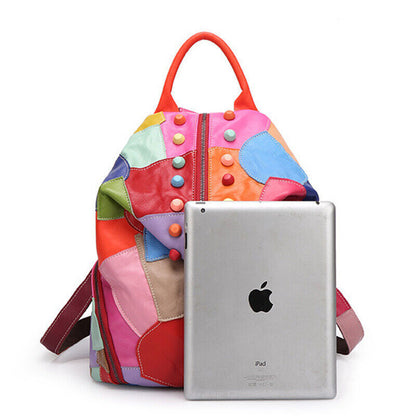 Sheepskin Leather Women's Colorful Blocks Patchwork Backpack Travel Bag Rucksack