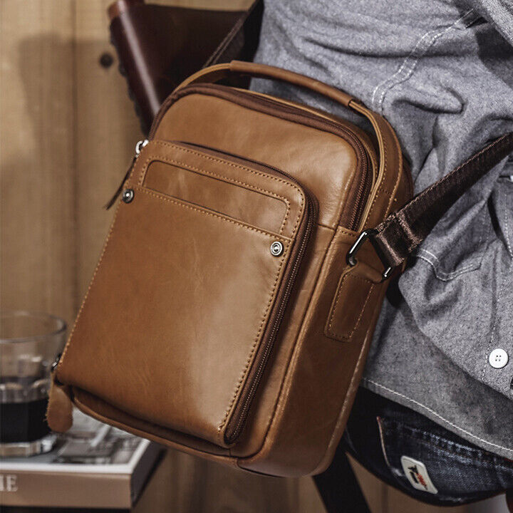 Crazy Horse Leather Men's Sling Shoulder Bag Double Zipper Multifunction Handbag