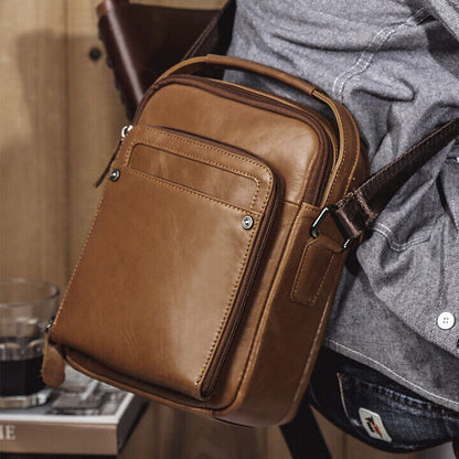 Crazy Horse Leather Men's Sling Shoulder Bag Double Zipper Multifunction Handbag