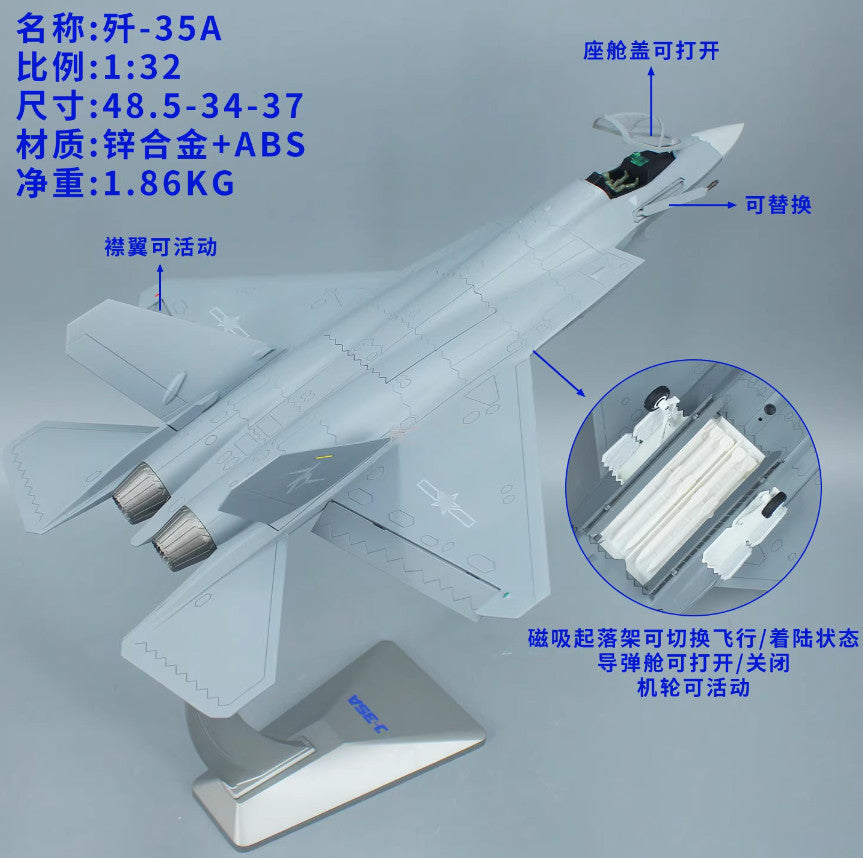 1:32 49CM J-35A Stealth Fighter Jet Army Plane Diecast Military Aircraft Model