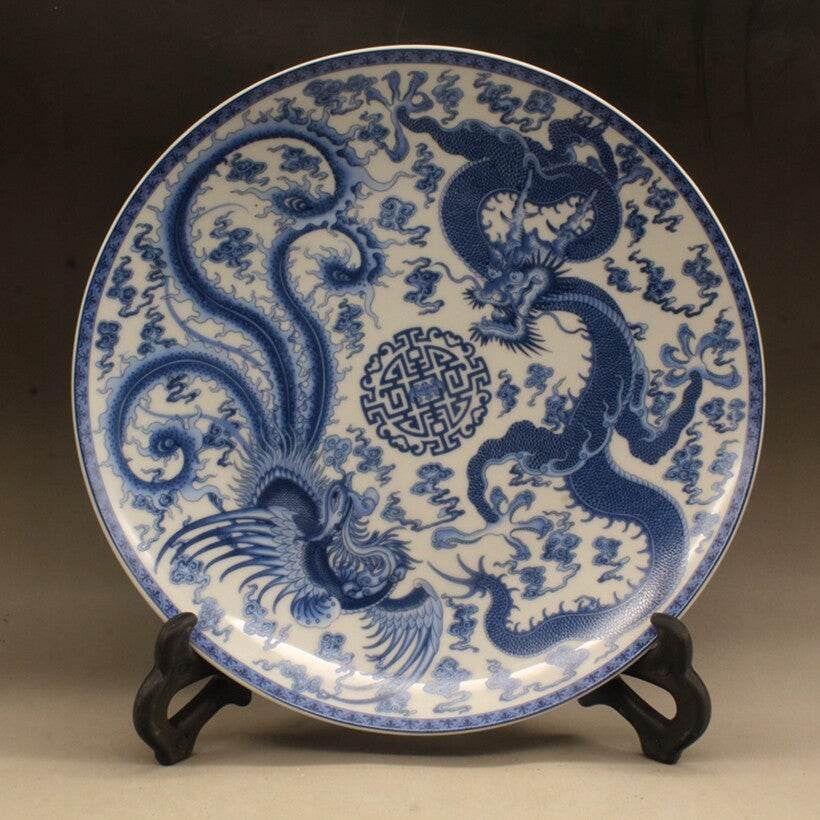 Old Chinese Blue and white Porcelain Hand painted Dragon phoenix plate