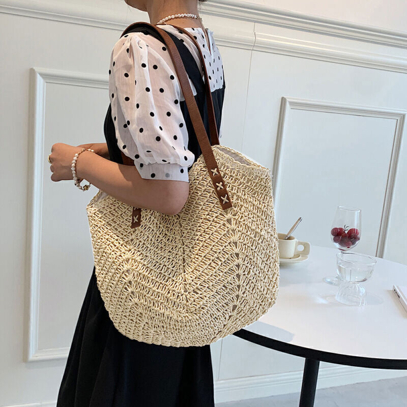 Women Boho Woven Handbag Summer Beach Tote Straw Bag Hollow Rattan Shoulder Bags