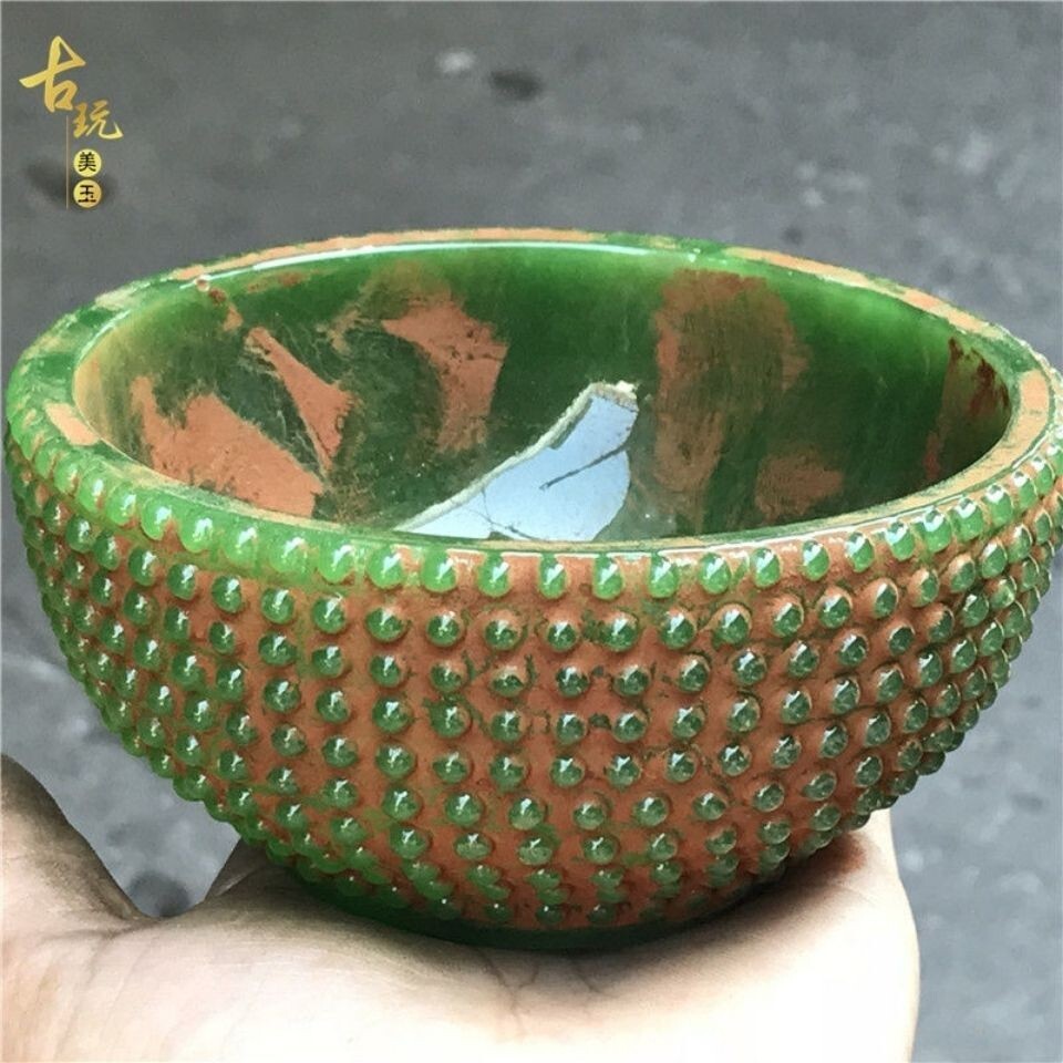 China Ancient Handicrafts Jade Green Bowl Collection Carving Statue Ornament