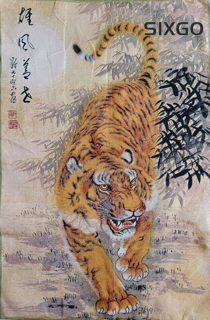 36"China Cloth Silk Lovable Tiger Mural Wall Hanging Tapestry Meditation 雄风