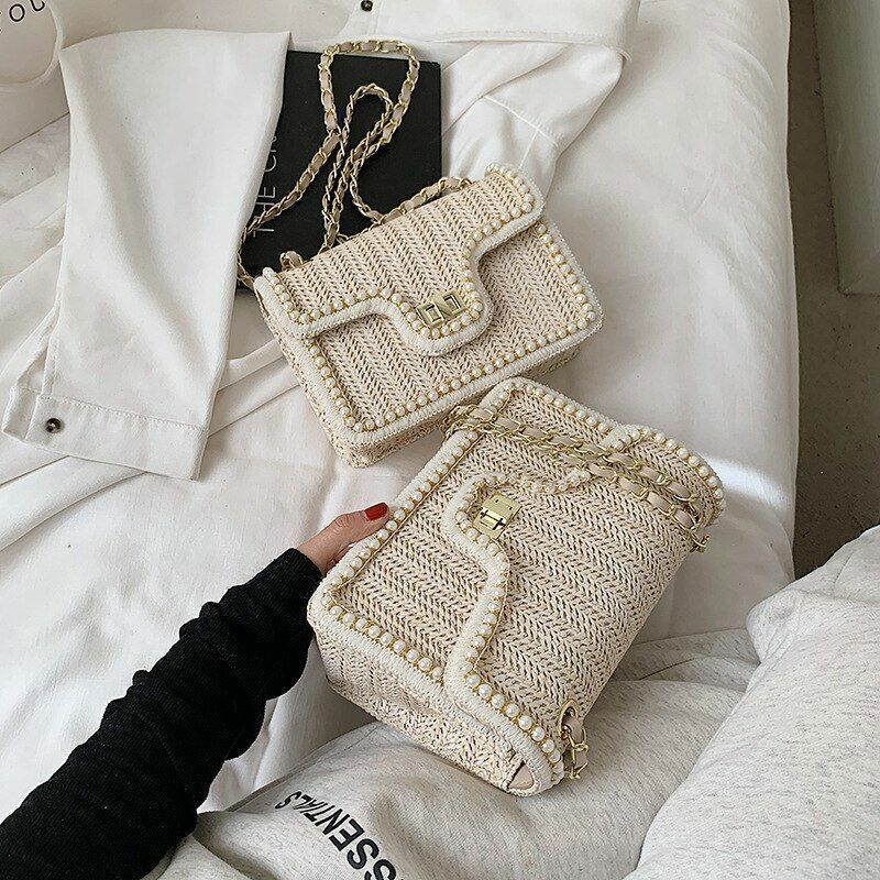 Women Bag Chain Straw Summer Pearl Hand Woven Straw Shoulder Bags Small Square