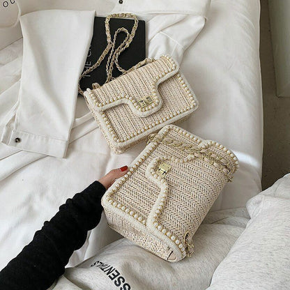 Women Bag Chain Straw Summer Pearl Hand Woven Straw Shoulder Bags Small Square
