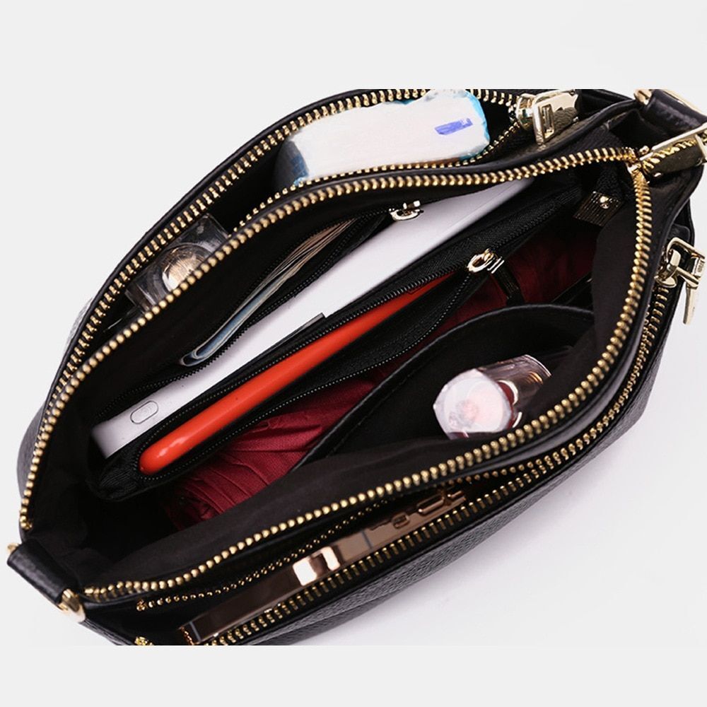Genuine Leather Bag Fashion Crossbody Purse Black Handbag Zippers Cowhide Bags