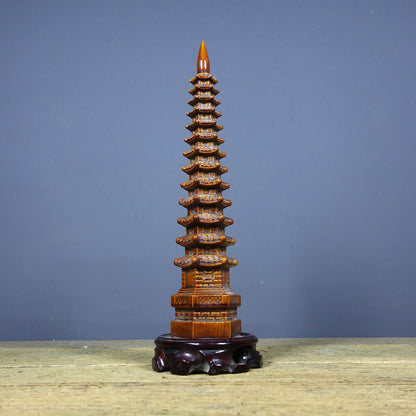Vintage Rosewood Wenchang Pagoda, Hand-Carved, Red Sandalwood Base, 28cm