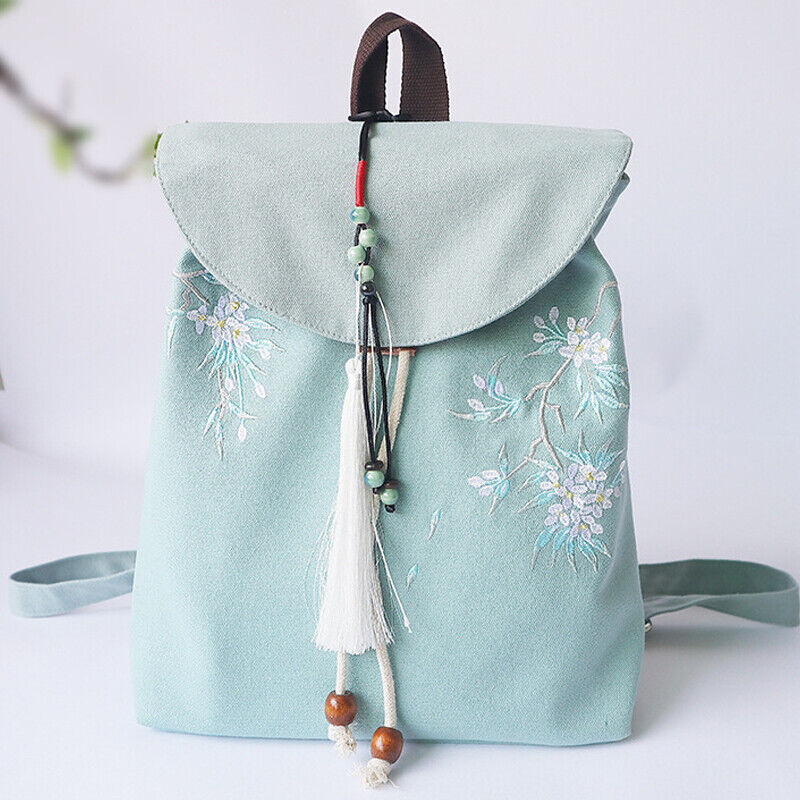 Canvas Embroidered Flower Backpack Tassel Casual Bundle Girls Mouth Bag Womens