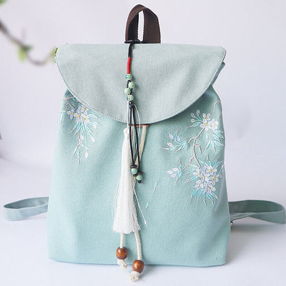 Canvas Embroidered Flower Backpack Tassel Casual Bundle Girls Mouth Bag Womens