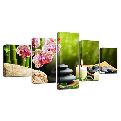 Hot Stones Orchid Flowers SPA Concept 5 Panel Canvas Print Wall Decor Art Poster
