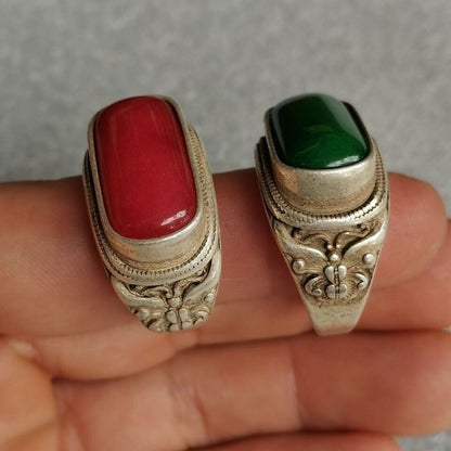 Chinese Old Antique Tibetan Inlaid Green Red Agate Gemstone Ring Collection