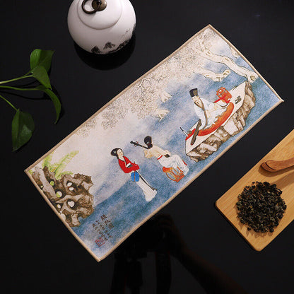 Painted Chinese Style Thick Tea Towel Super Absorbent Tea Cleaning Set Cup Mat.