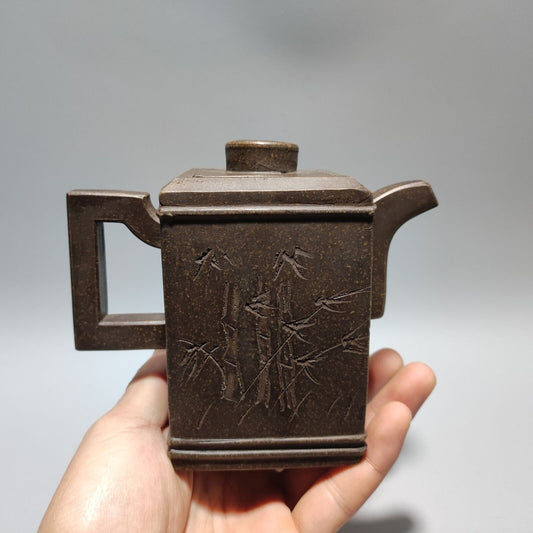Vintage Chinese Yixing Purple Clay Teapot Zisha Ceremony Carving Bamboo Teaware