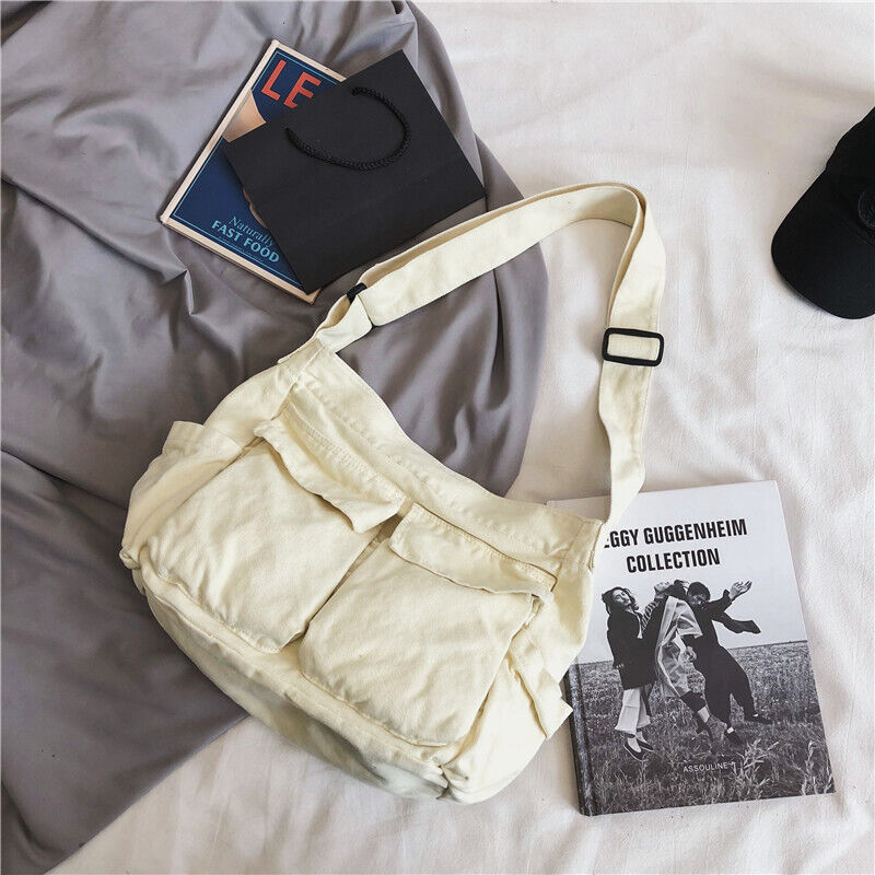 Large Capacity Shoulder Bag Canvas Bag School Messenger Bag Solid Color Fashion