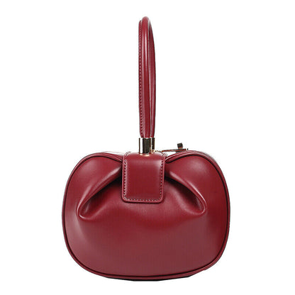 Real Leather Wonton Round Pouch Clutch Purse Top Handle Tote Handbag Grab Bag