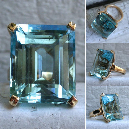 Ring Silver 925 Sterling Aquamarine Size Natural Jewelry Gemstone Big Women's
