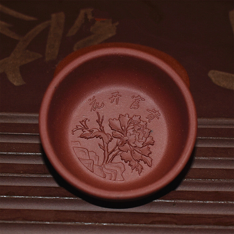 One Cup Peony Flower Carved Relief Tea Cup Marked Chinese Yixing Zisha Tea Cup